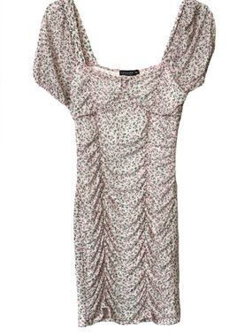 Liz & Sara Pink Floral Ruched Mini Dress Medium Cottagecore Puff Sleeve Coquette